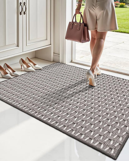 LUMI Handwoven Indoor Door Mat 24"x36", Non-Slip Low Profile Checkered Inside Doormat, Comfort Weave Grid Pattern Floor Mats, Taupe