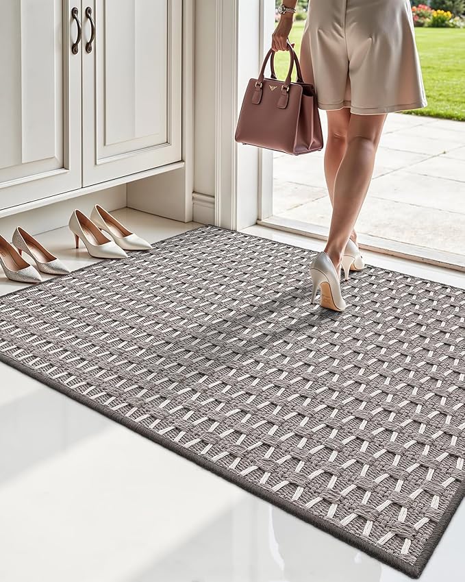 LUMI Handwoven Indoor Door Mat 24"x71", Non-Slip Low Profile Checkered Inside Doormat, Comfort Weave Grid Pattern Floor Mats, Taupe