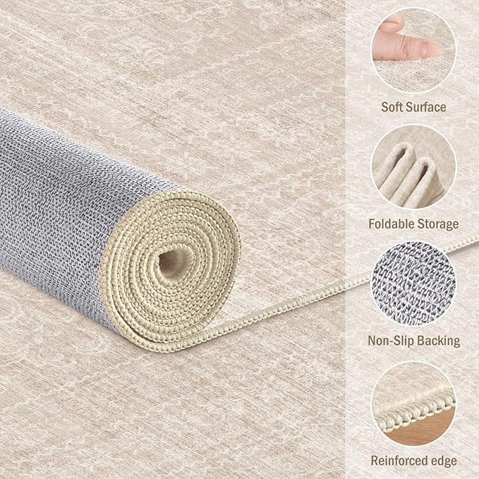 6ft Round Rug Living Room: Washable Large Vintage Neutral Area Rug Non-Slip Soft Stain Resistant Indoor Carpet for Bedroom Nursery Dining Room Under Table Bed Home House Office Playroom - Beige