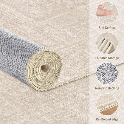 5x7 Area Rugs Living Room: Washable Large Vintage Beige Rug Neutral Non-Slip Soft Stain Resistant Indoor Carpet for Bedroom Nursery Dining Room Under Table Bed Home House Office Playroom