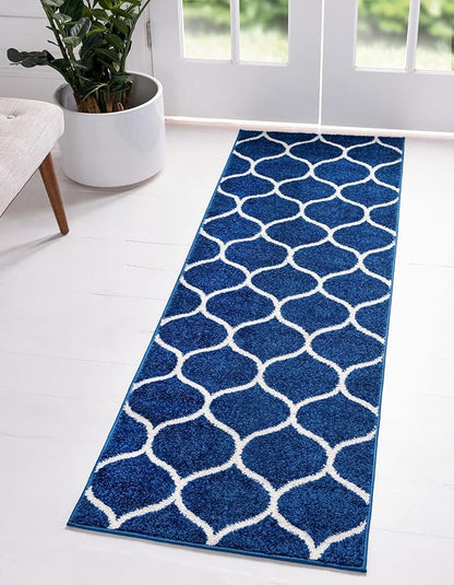 Rugs.com Lattice Frieze Collection Rug – 2' x 10' Runner Navy Blue Medium Rug Perfect for Living Rooms, Large Dining Rooms, Open Floorplans