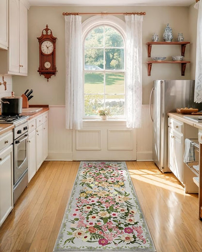 Floral Runner Rug 2x6 - Washable Vintage Kitchen Rug Low Pile Non-Slip Carpet for Entryway Hallway, Laundry, Bedroom - Soft, Stain Resistant Indoor Area Rug - Grey