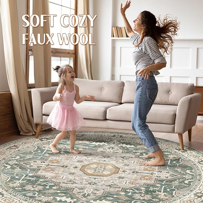 Round Rug Living Room Rugs: 5x5 Washable Boho Neutral Large Circle Soft Indoor Distressed Stain Resistant Floor Farmhouse Carpet for Bedroom Nursery Kids Playroom Office Dining Room Dorm- Green