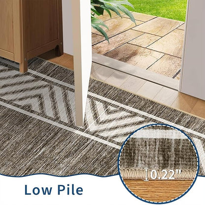 GarveeHome Modern Rugs for Living Room 8x10 Large Bordered Floor Mats with Non-Slip Backing, Stain-Resistant Bedroom Carpet, Foldable Geometric Indoor Rug for Dining Room, Kitchen, Brown