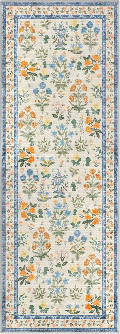 Boho Floral Machine Washable Runner Rug 2x6, Garden Yellow-Green Kitchen Runner Rug Non-Slip, Super Thin Hallway Rug Runner Printed Faux Wool Soft Carpet for Entryway Bedroom Laundry Indoor