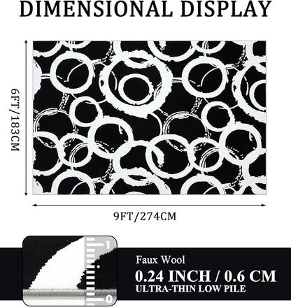 YIHOUSE Black Modern Geometric Area Rug 6x9, Black and White Rug with Abstract Circles,Non-Shedding Washable Rugs for Bedroom, Home Office and Living Room