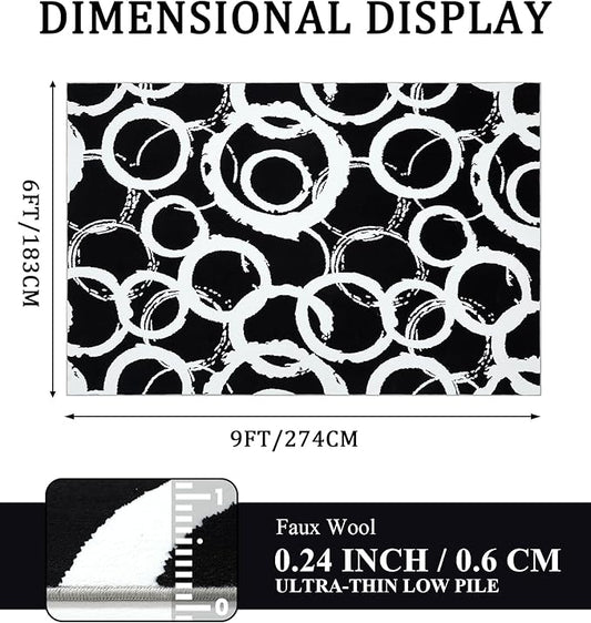 YIHOUSE Black Modern Geometric Area Rug 6x9, Black and White Rug with Abstract Circles,Non-Shedding Washable Rugs for Bedroom, Home Office and Living Room