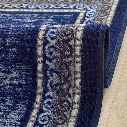 Antep Rugs Alfombras Bordered Modern 2x4 Non-Slip (Non-Skid) Low Pile Rubber Backing Kitchen Area Rug (Navy, 2'3" x 4')