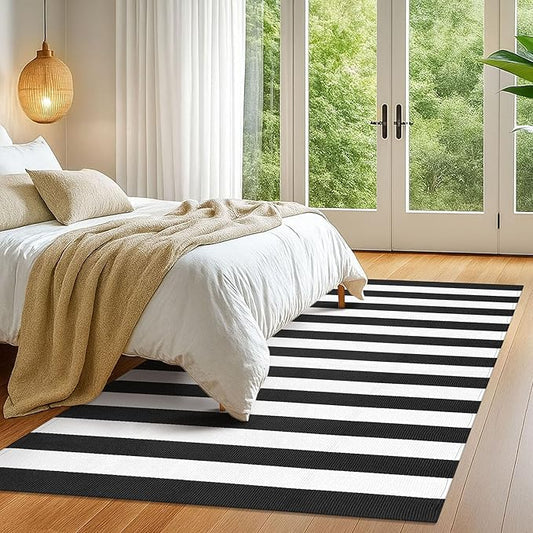 KOZYFLY Black and White Striped Outdoor Rug 5x7 Ft Area Rug Washable Indoor Outdoor Rug Cotton Striped Rugs for Living Room Farmhouse Large Floor Carpet for Bedroom Living Room Patio