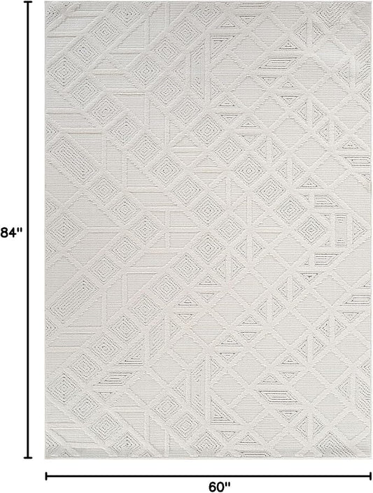 Modern Micro Loop Indoor Area Rugs for Living Room Bedroom Kitchen Geometric Square White 5x7 Luxury Durable Low and High Pile Non-Shedding Stain Resistant Soft Area Carpet 5 x 7