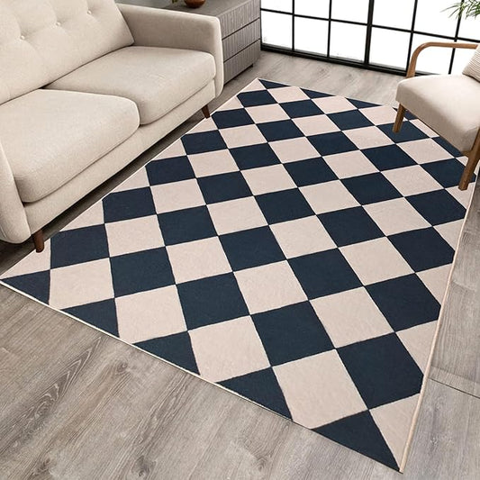 Checkered Area Rug 5x7 Black Washable Living Rugs Non-Slip Modern Ultra Soft Neutral Low Pile Diamond Carpet for Office Dining Room Playroom Kids Room