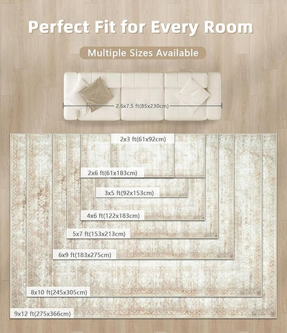 Vintage Living Room Area Rug - 8x10 Large Machine Washable Boho Moroccan Distressed Farmhouse Rugs for Bedroom - Soft Non-Slip Indoor Floor Accent Rugs for Office Dining Room (Beige, 8'x10')