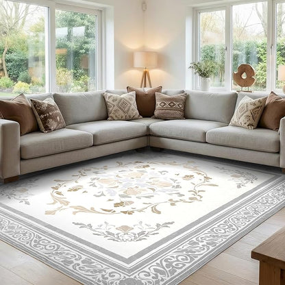 SOULFUL Medium Pile 2x3 Entryway Rug - Cozy Soft Underfoot Small Area Rug - Light Taupe Boho Floral - Washable Non-Slip - Perfect for Hallway Kitchen Bedroom Bathroom Indoor Entrance