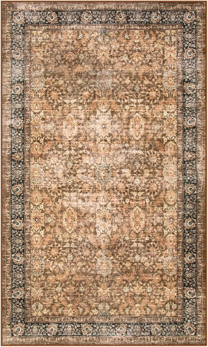 Morebes Vintage Machine Washable Area Rugs, Boho 3x5 Rug for Entryway, Soft Low-Pile Distressed Dorm Rug Indoor Floral Print Throw Carpet for Bedside Kitchen Foyer Playroom, Dark Brown