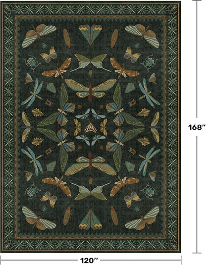 Green Living Room Rug - Vintage Washable Dark Green 10x14 Rug for Dining Room Under Table, Bedroom, Insect Moth Floral Design, Non-Slip Soft Low Pile