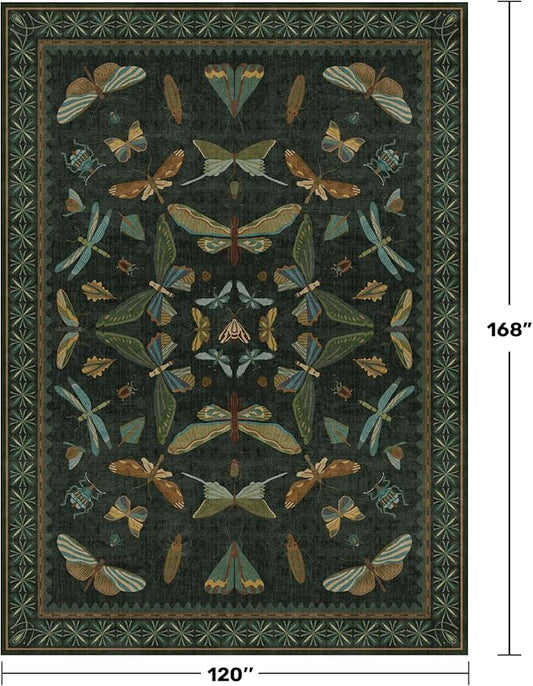 Green Living Room Rug - Vintage Washable Dark Green 10x14 Rug for Dining Room Under Table, Bedroom, Insect Moth Floral Design, Non-Slip Soft Low Pile