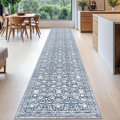 Runner Rug 2.6x16, Light Blue White Washable Long Hallway Rug Runner Non-Slip Soft Kitchen Runner Thin Printed Faux Wool Super Soft Carpet for Entryway Bedroom Laundry Room Indoor Home Decor