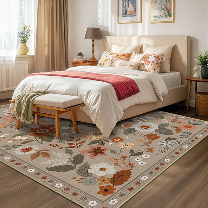 Floral 6x9 Area Rug Machine Washable Soft Print Boho Carpet Non Slip Doormat Low Pile Flower Area Rugs for Living Room Bedroom Nursery Kitchen Dining Room Indoor-Brown/Brick