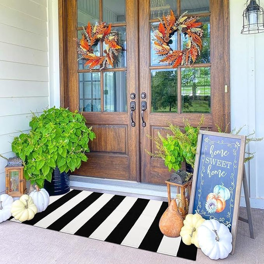 KOZYFLY Black and White Striped Runner Rug 2x4.3 Ft Washable Hallway Runner Rug Farmhouse Kitchen Hand Woven Cotton Indoor Outdoor Rug for Front Door Kitchen Hallway Bedroom Laundry Room