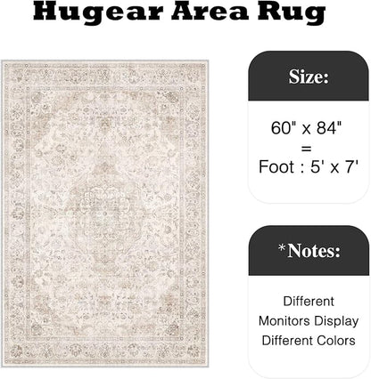HUGEAR Area Rug 5x7 Vintage Beige Machine Washable Living Room Rugs Thin Neutral Floral Vacuumable Low Pile Carpet Bedroom Office Dining Room Laundry Room Non Slip Soft Lightweight