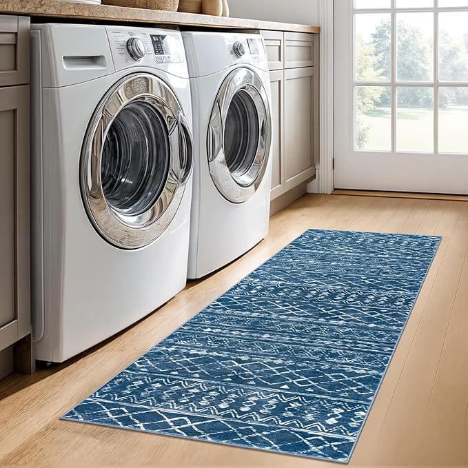 KUTA Boho Entryway Runner 2x5 ft Blue Moroccan Washable Kitchen Rug Non-Slip Vintage Hallway Runners Ultra Soft Distressed Geometric Floor Carpet for Bedroom Laundry Living Room