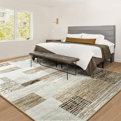 Large Area Rugs,Modern Geometric Patchwork Floor Decor for Bedroom Aesthetic Carpet, Rockwood Collection, Indoor Rugs for Living Room, Dining Room, Nursery, Office, Machine Washable Rug,8x10 Ft Beige