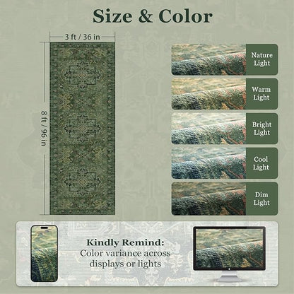 Retro Green 3x8 Rug Runners for Entryway Non Slip, Distressed Medallion Carpet Runners for Hallway 8ft, Low Pile Thin Runner Rug Non Slip Washable for Kitchen/Foyer/Mudroom/Bedroom