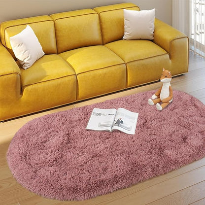 Soft Fluffy Rugs for Bedroom, Blush Pink Fuzzy Shaggy Oval Bedside Area Rug Set of 2, Non-Slip Cozy Plush Shag Carpet for Kids Room Nursery Dorm Living Room, 2.6 x 5.3 Feet