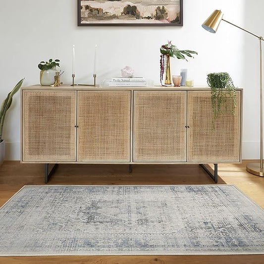 RUGGABLE Washable Vintage Area Rug – Kamran Blue Quartz 4x6, Stain-Resistant, Non-Slip – Medium Machine Washable Rugs for Living Room, Bedroom, Hallway, Entryway & Office–with Standard Pad