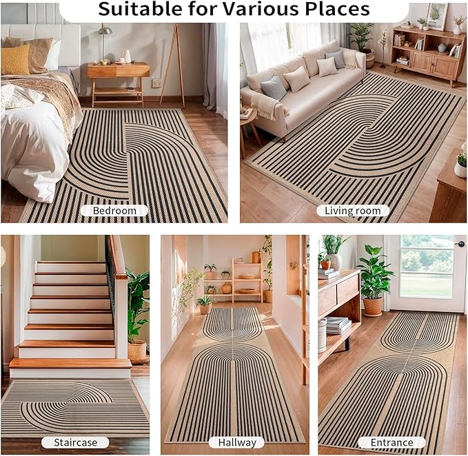 Tangsoo Rainbow Easy Jute Rug 2x6 Washable Runner Rug for Hallways,Non-Slip Thin Black Outdoor Rug,Modern Farmhouse Carpet for Porch Laundry Bedroom Living Room Entryway