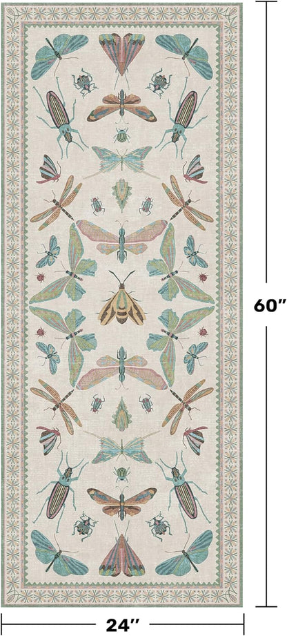 Washable Non Slip Bathroom Runner Rug 2x5, Insect Boho Bath Mat, Stain Resistant Low Pile Butterfly Insect Print Rugs for Laundry Room, Powder Room, Beige Green
