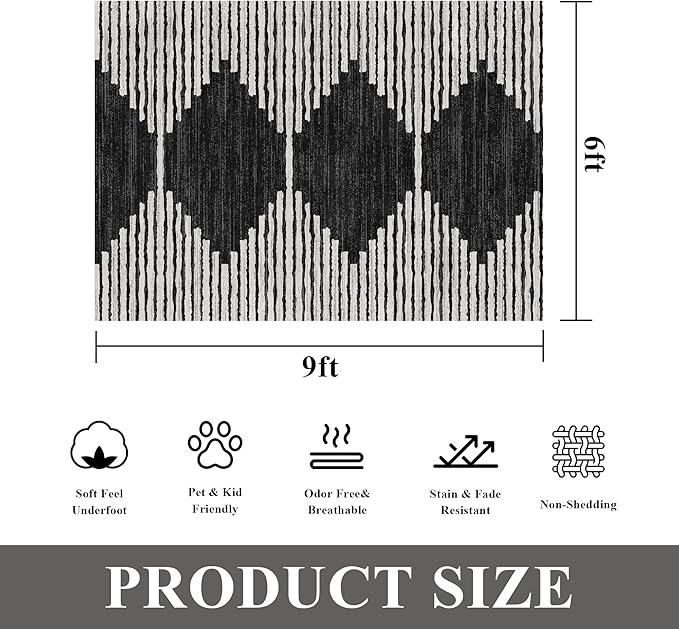 HelloTree Area Rug for Living Room 6x9 Washable Geometric Moroccan Rug Stripe Farmhouse Bohemian Minimalistic Non Slip Non Shedding Ultra Thin Soft Rug for Bedroom Office DiningRoom Nursery-Black