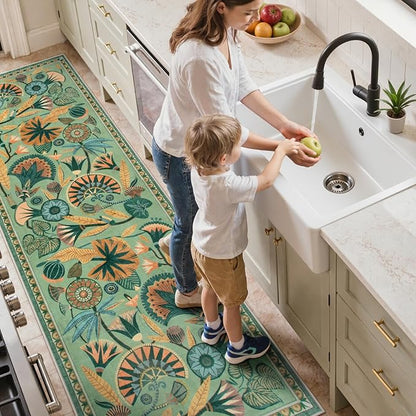 Floral Kitchen Rugs, 2.5X8 Green Runner Rug for Hallway, Non Slip Rugs for Entryway, Washable Carpet Runner with Rubber Backing, Vintage Rug for Bathroom Bedroom Indoor