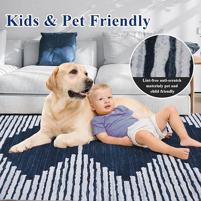 HelloTree Area Rug 3x5 Geometric Rug,Washable Modern Neutral Stain Resistant Indoor Carpet Boho Living Room Moroccan Rugs Fluffy Rug for Living Room Bedside Room Decor for Family-Blue