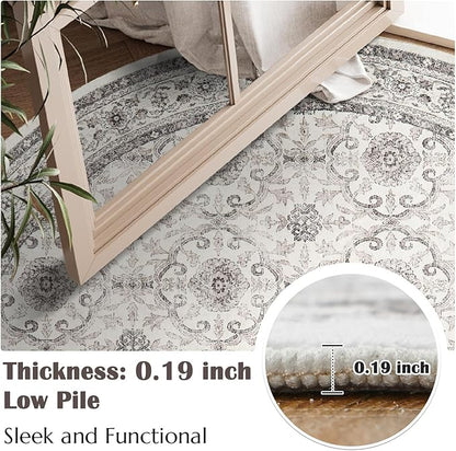 jinchan Round Rug 5ft Washable Circle Soft Rug - Low Pile Vintage 5'Round Indoor Beige Floral Print Stain Resistant Boho Carpet Ultra-Thin Non-Slip for Entryway Nursery Bedroom Dining Room Kitchen