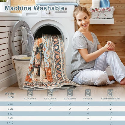 6x9 Orange Beige Area Rug for Living Room, Machine Washable Rugs with Non-Slip Backing for Bedroom, Vintage Medallion Carpet Dining Room Office Kids Room Decor