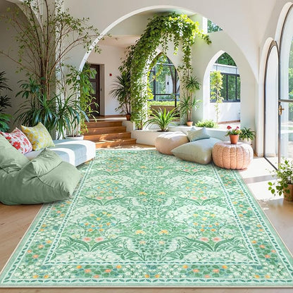Lahome Floral Washable Rugs 8x10, Soft 8x10 Area Rugs for Living Room Bedroom, Boho Non-Slip Green Forest Design Large Throw Carpet for Farmhouse Dining Room Office, Sage Green
