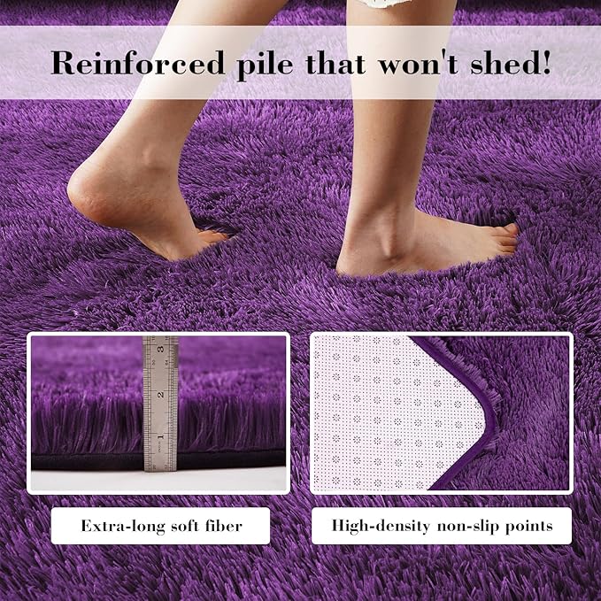 Purple Fluffy Rug Shaggy Area Rug, 3x5 Area Rugs for Girls Bedroom, Soft Cute Baby Play Mat, Indoor Floor Carpet for Teen, Nursery, Preppy Dorm, Plush Aesthetic Bedside Rug