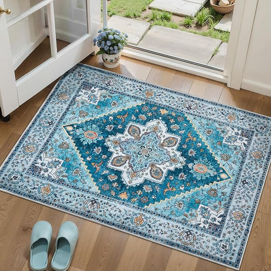 Tangsoo Blue 2x3 Washable Rug for Entryway, Vintage Non Slip Small Area Rug, Indoor Front Door Rug, Print Door Mat Small Carpet, Soft Low Pile Rugs for Entrance Kitchen Bedroom Home Decor