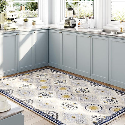 EnHomee Washable Area Rugs 4x6, Soft Area Rug for Living Room Bedroom, Boho Non Slip Low Pile Stain Resistant Washable Rug Large Carpet for Dining Room,Easy to Clean Living Room Rug, Blue