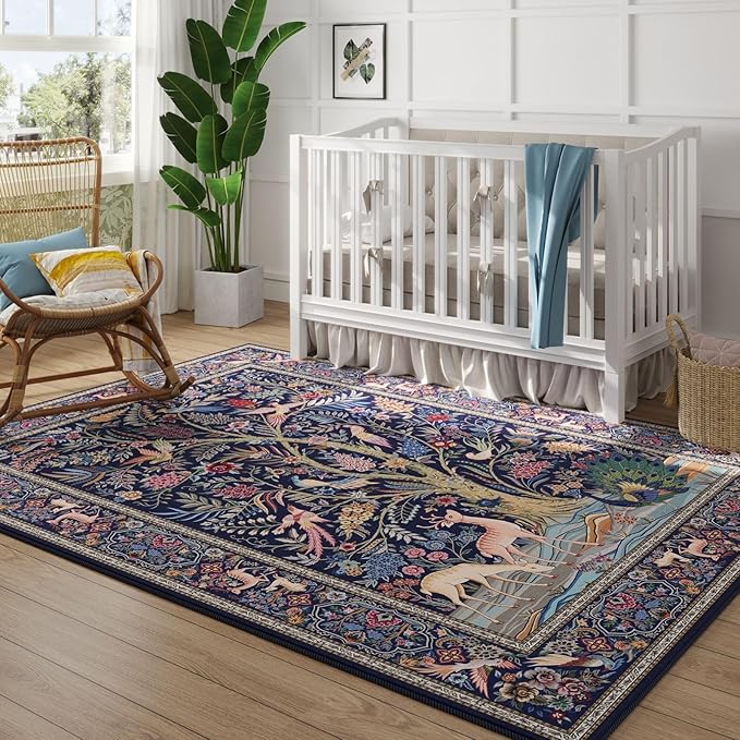 Rugcomf Area Rugs 5x7 Vibrant Tree of Life-Patterned Vintage Washable Area Rug Non Slip Low Pile Large Rugs for Living Room Bedroom Farmhouse Dining Room Kids Playroom, Blue