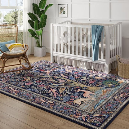 Rugcomf 8x10 Area Rugs Vibrant Tree of Life-Patterned Vintage Washable Area Rug Non Slip Low Pile Large Rug for Bedroom Farmhouse Dining Room Kids Playroom, Blue