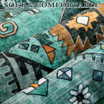 SERISSA 4x6 Boho Bedroom Rug, Washable Non Slip Vintage Teal Area Rugs, Ultra Soft Print Distressed Tribal Entry Rug Low-Pile Throw Carpet for Nursery Dorm Kitchen Living Room Decor
