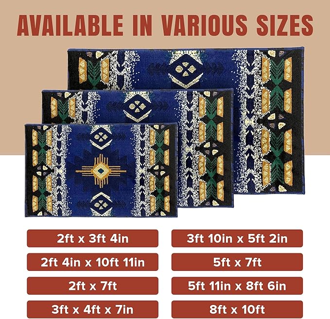 YHSF South West Native American Area Rug C318 - Easy Clean, Thick, Soft, Durable Native Tribal American Indian Inspired Rug for Bedroom/Living Room and More - Navy Blue, 2 Feet x 7 Feet