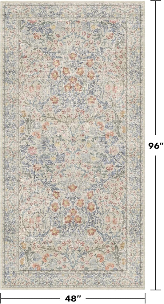 Beige Blue Washable Rugs for Living Room - 4x8 Vintage Boho Eclectic Pastel, Washable Low Pile Non Slip Area Rug for Bedroom Beside Bed, Door Mat Indoor Entrance, Kitchen, Home Floor Decor