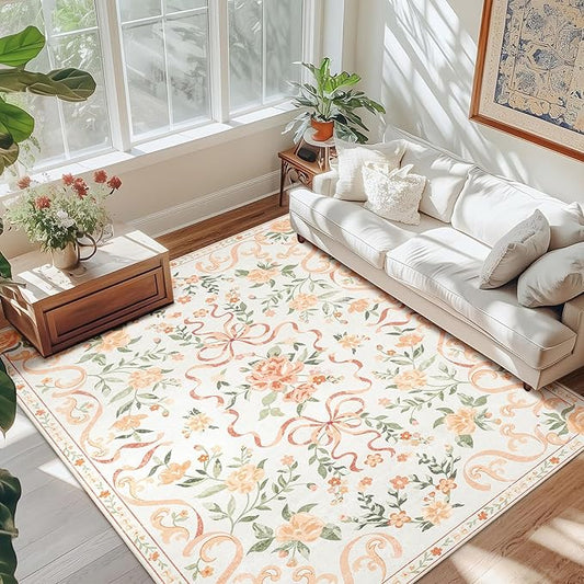 Orange Rug Bow Floral 8x10 Rug, Washable Area Rugs for Bedroom Living Room, Dining Room,Kids Room, Office,Playroom, Boho Modern Aesthetic Farmhouse Decor Non Slip Low Pile Carpet