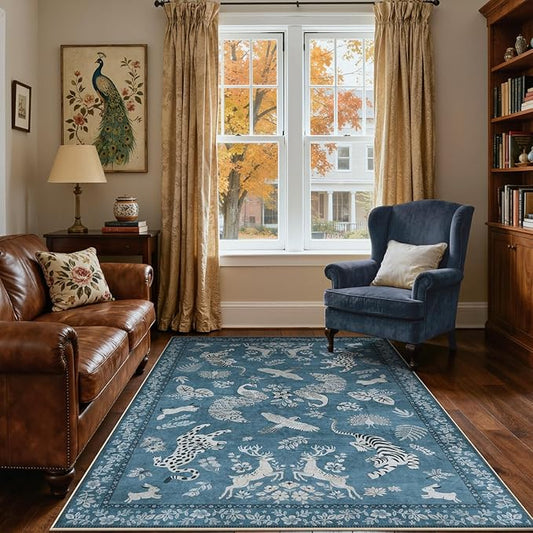 Moynesa Animal Area Rugs 5x7, Washable Luxurious Vintage Boho Blue Area Rug for Bedroom Living Room Dining Room Office Playroom, Farmhouse Low Pile Soft Non-Slip Carpets for Indoor