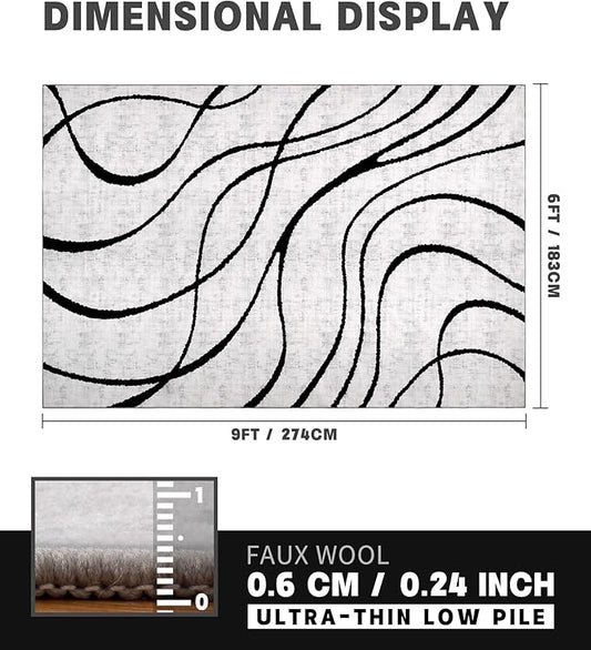 YIHOUSE Modern Rugs 6x9, Washable Black and White Area Rug, Thin Abstract Geometric Minimalist Striped Rug, White Rugs for Living Room,Bedroom,Kitchen,Dining Room,Office