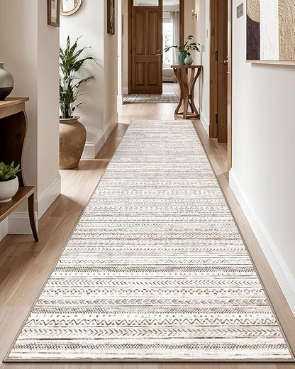 LUMI Washable Runner Rug, 3'x8' Non-Slip Hallway Mat, Low Profile Thin Long Carpeet for Laundry Kitchen Bedroom Office, White and Brown