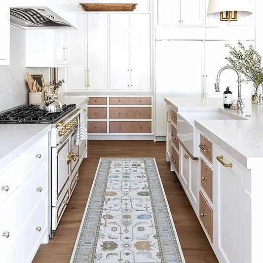 Fame Living Cream Grey Oushak Runner Rug, Modern Runners, Vintage, Turkish, Eclectic, Floral, Pastel, Washable, Runner for Hallway, Kitchen, Bedroom, Bathroom, 2'5"x9'8"
